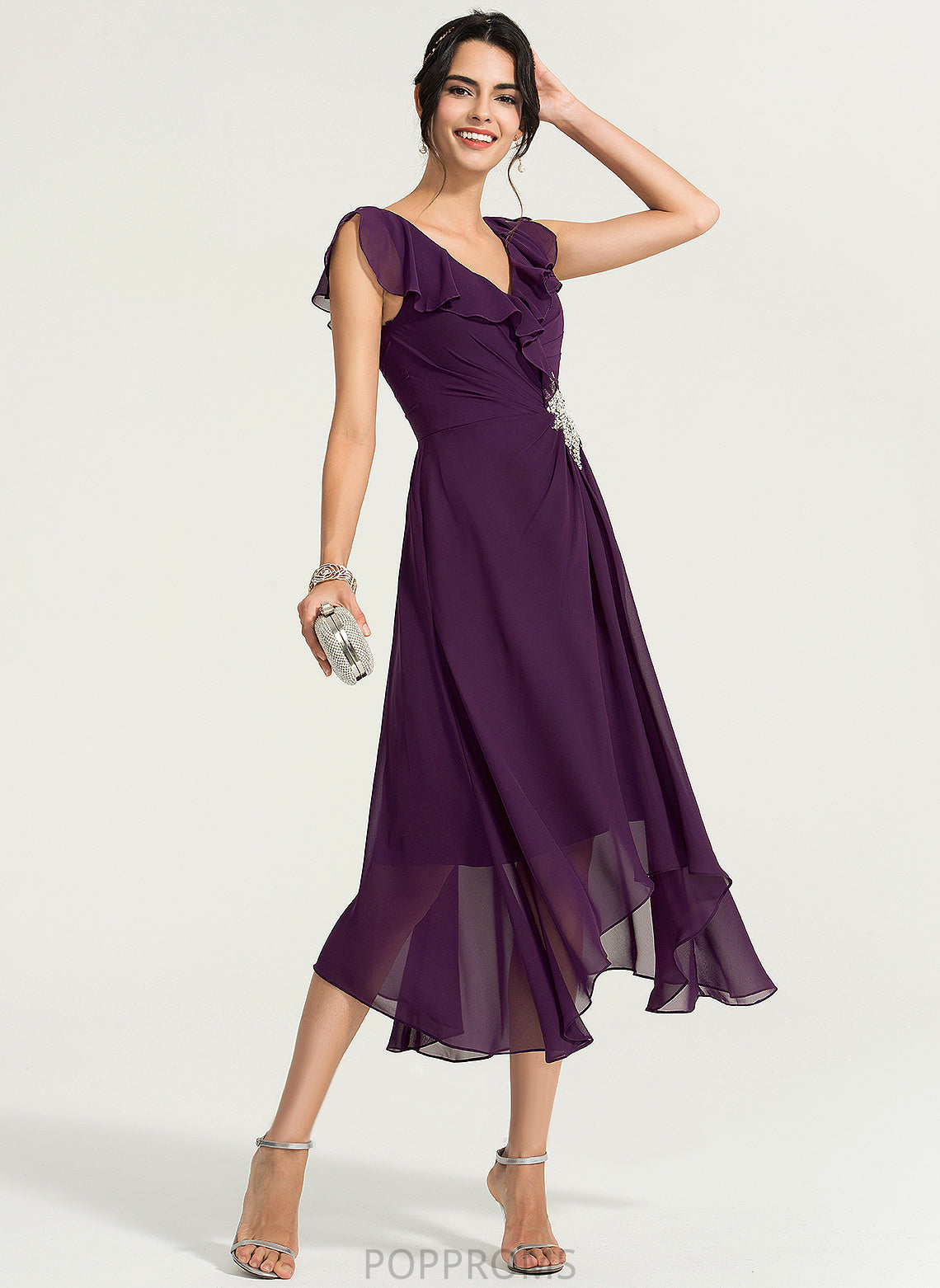 V-neck With Asymmetrical A-Line Cocktail Beading Janiya Chiffon Dress Cocktail Dresses