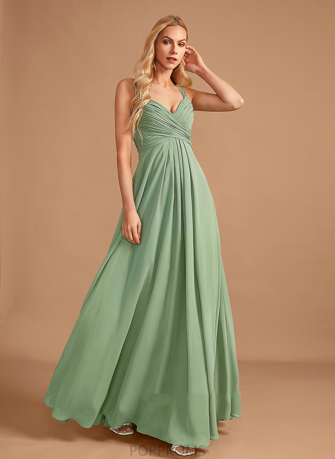 V-neck Fabric Floor-Length Silhouette Neckline A-Line Ruffle Length Embellishment Hailee Natural Waist Sleeveless Bridesmaid Dresses