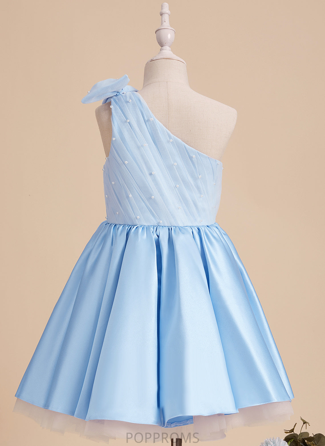 A-Line Flower Beading/Bow(s) With Dress Knee-length Flower Girl Dresses One-Shoulder Girl - Sherry Sleeveless Satin/Tulle