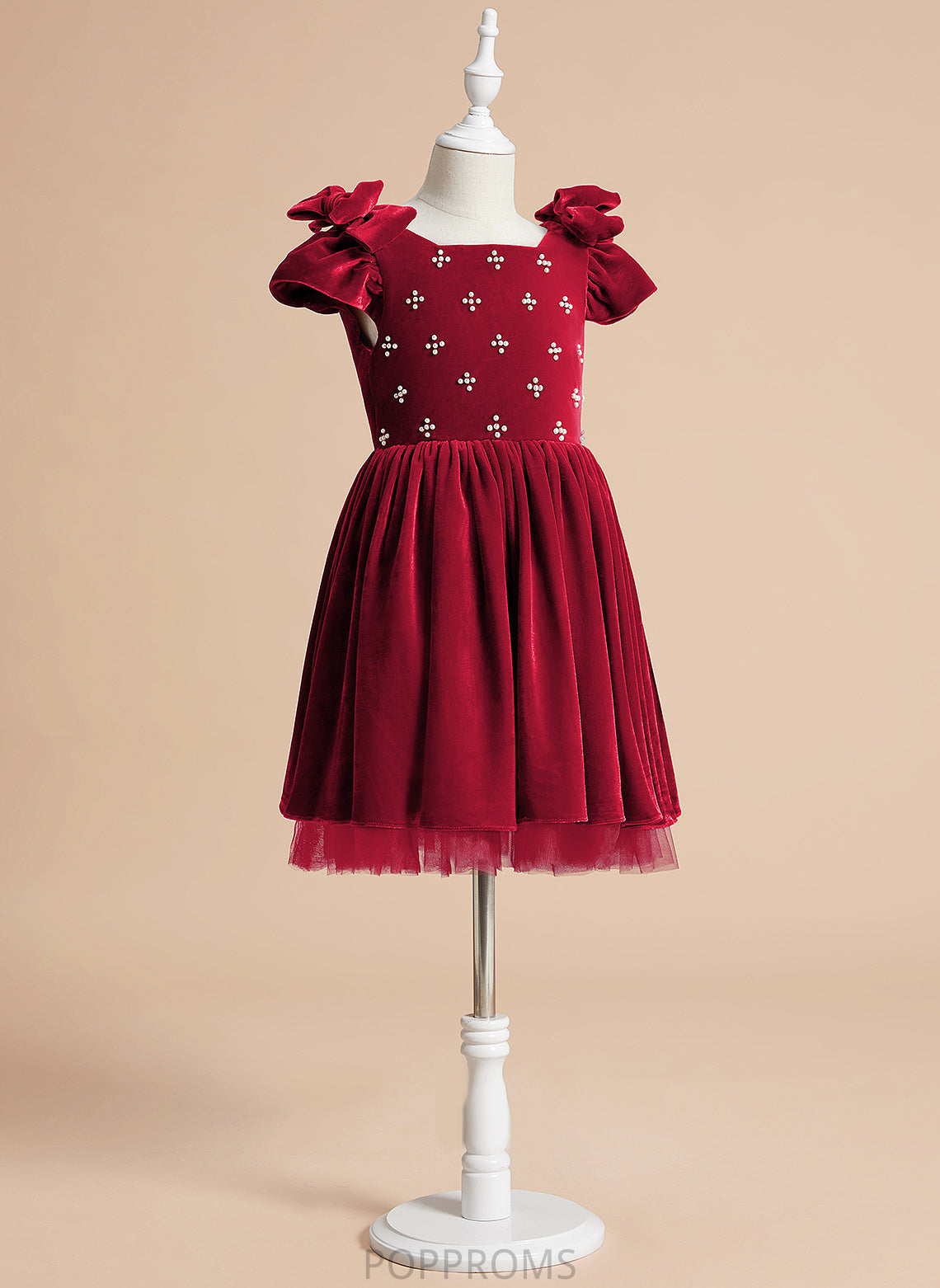 Velvet A-Line Neck U Flower Girl Dresses Sleeves Alice - Knee-length Dress Short Flower With Beading Girl