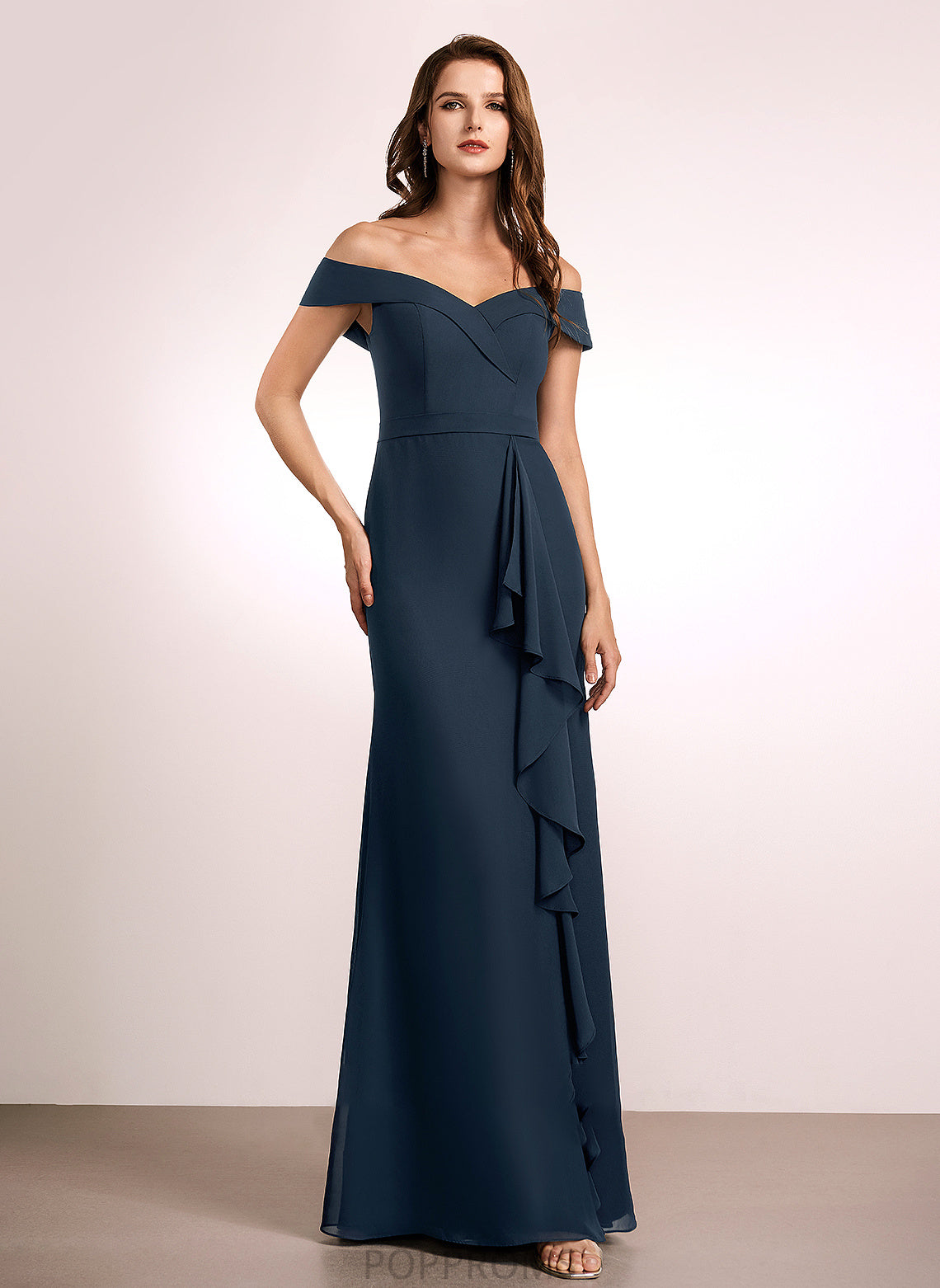 Silhouette Embellishment Length A-Line Neckline Off-the-Shoulder Ruffle Floor-Length Fabric Sonia Floor Length Sleeveless Bridesmaid Dresses