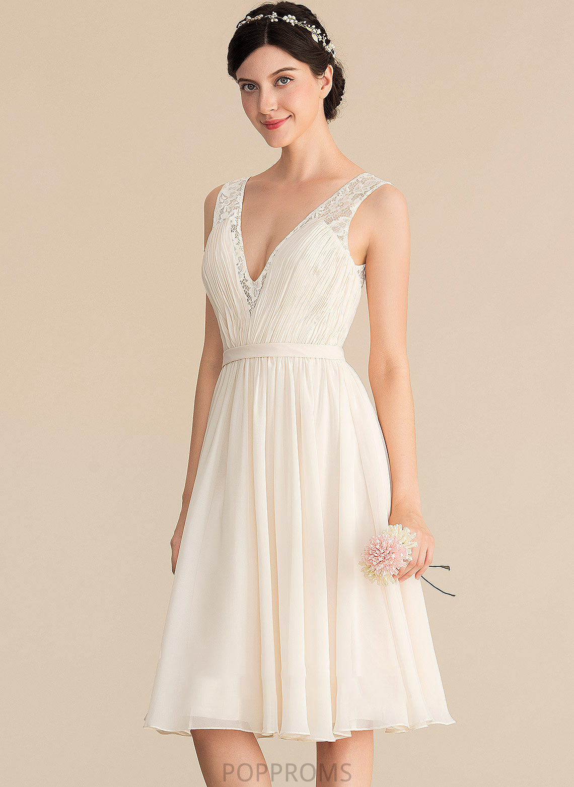 With Wedding Dresses Wedding A-Line Lace Chiffon Kenna Ruffle Knee-Length Dress V-neck