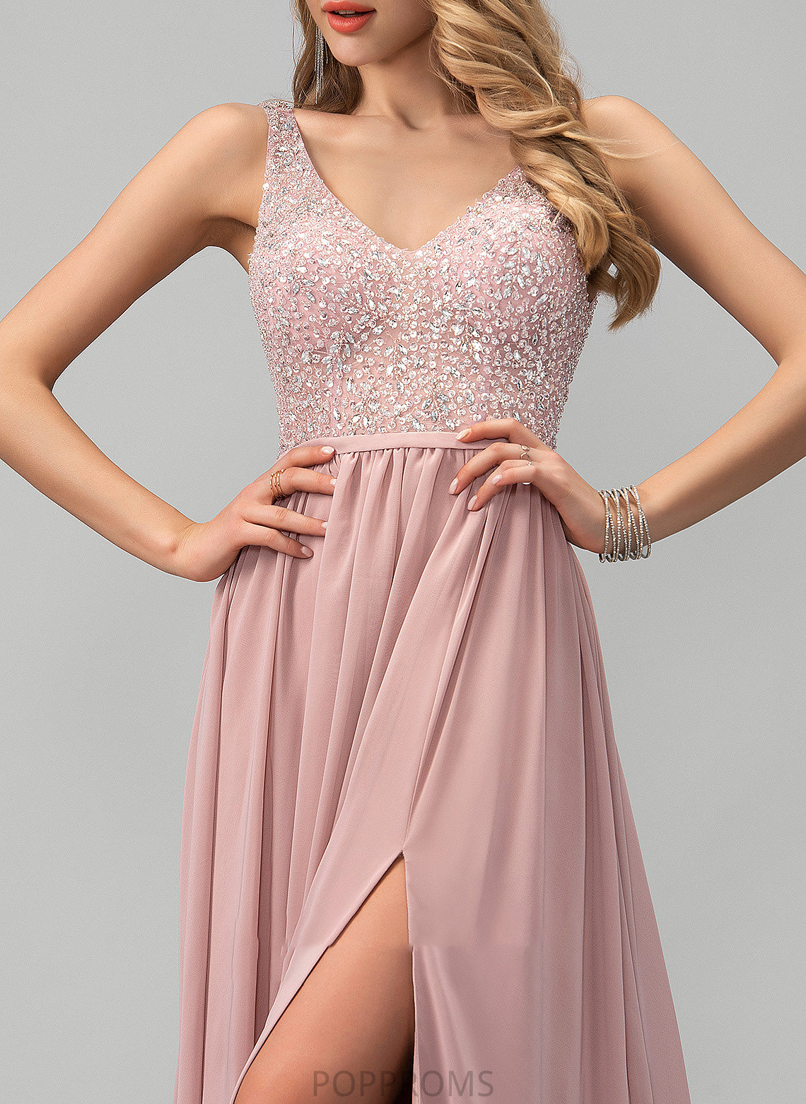 Sequins With Split Monique A-Line Chiffon Floor-Length V-neck Beading Front Prom Dresses