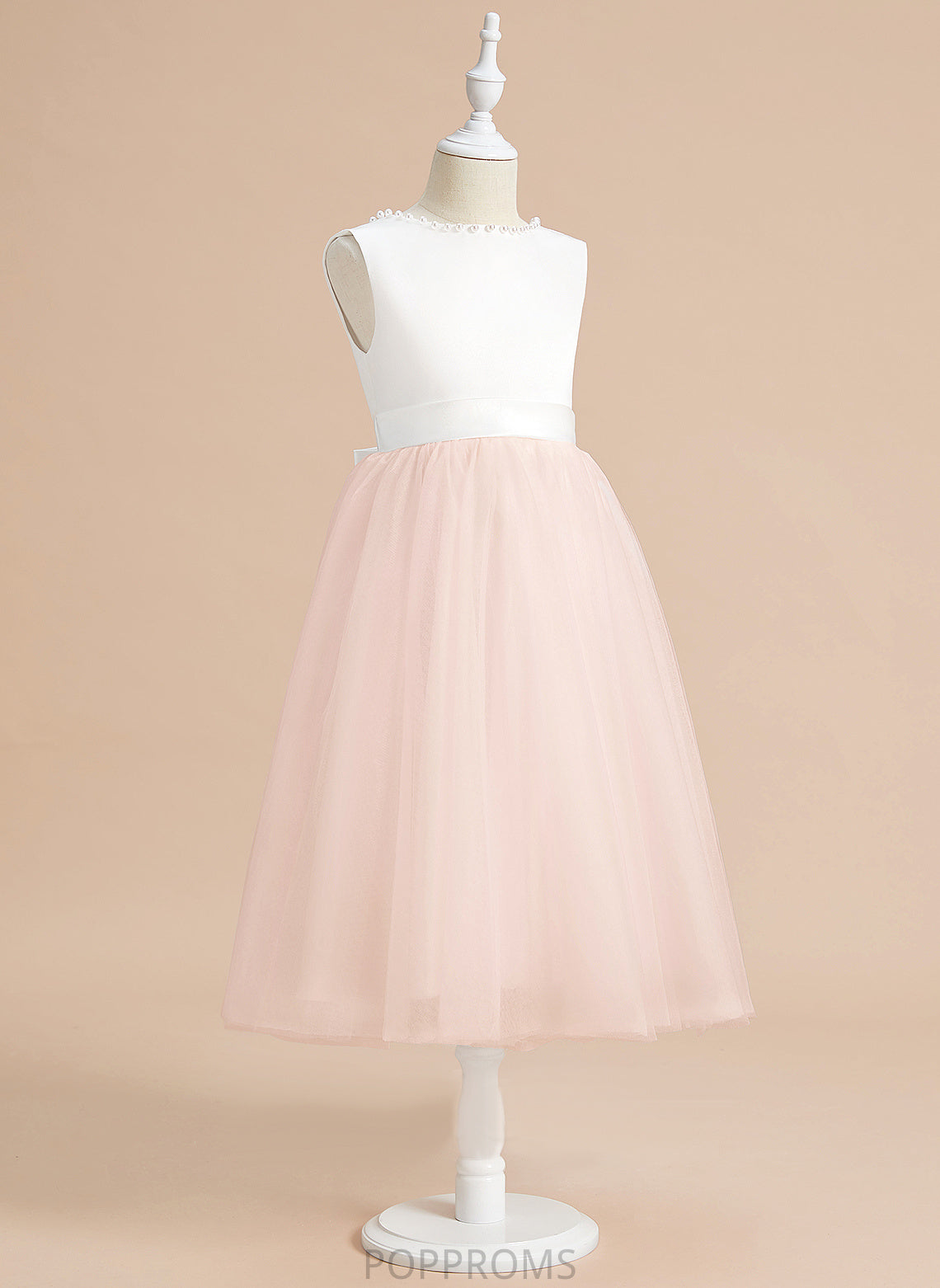 Tea-length Flower With Scoop Dress A-Line Satin/Tulle Neck - Sleeveless Beading/Bow(s) Flower Girl Dresses Sanaa Girl