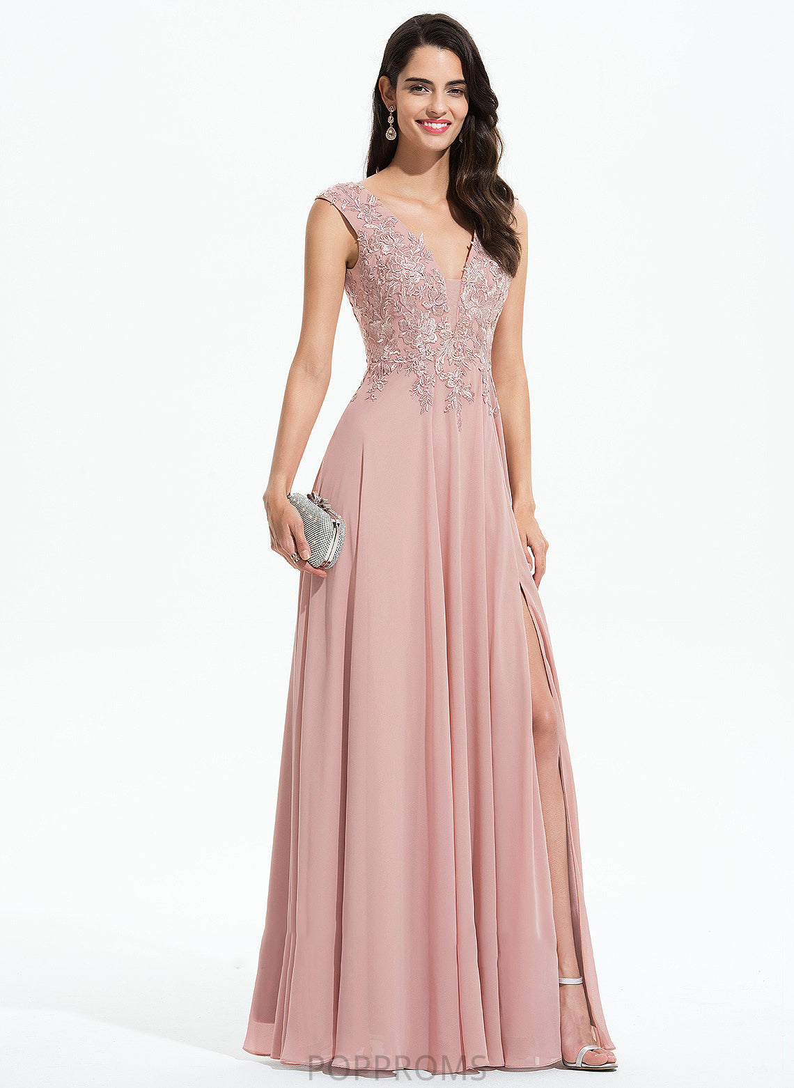 Split Front Mary A-Line V-neck Prom Dresses Chiffon Floor-Length With Lace