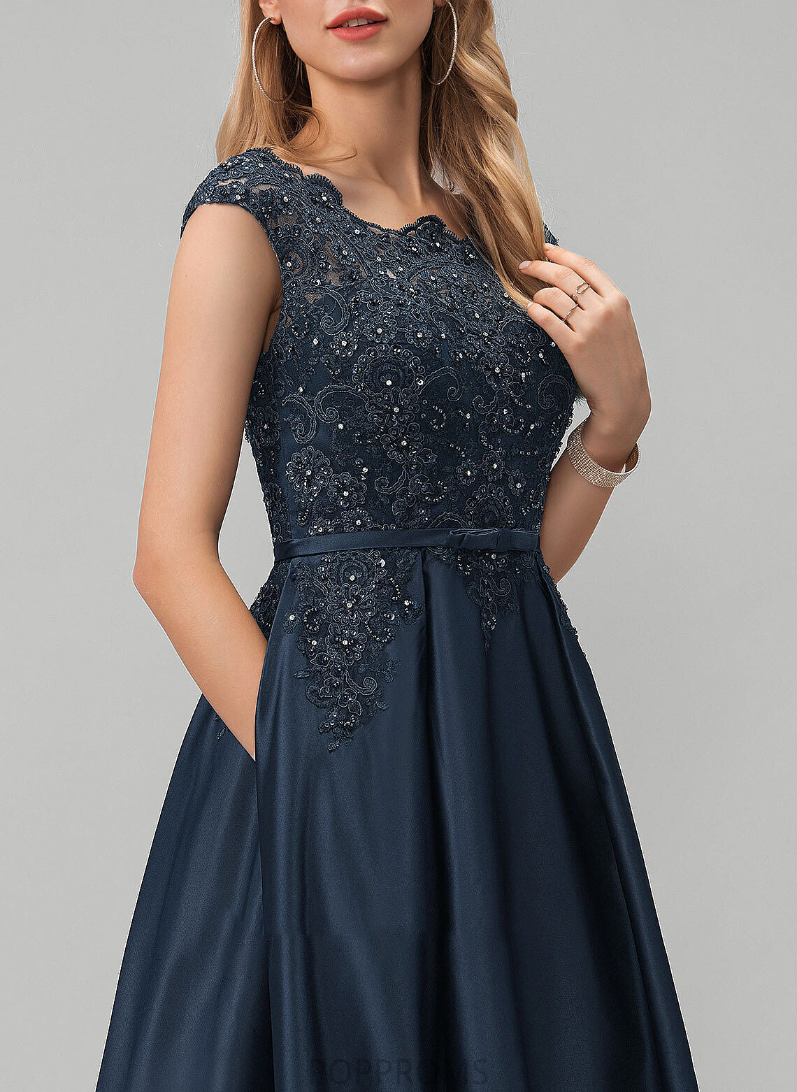 Floor-Length Kyleigh Lace Sequins Beading With Pockets Neck Satin Bow(s) Scoop Ball-Gown/Princess Prom Dresses