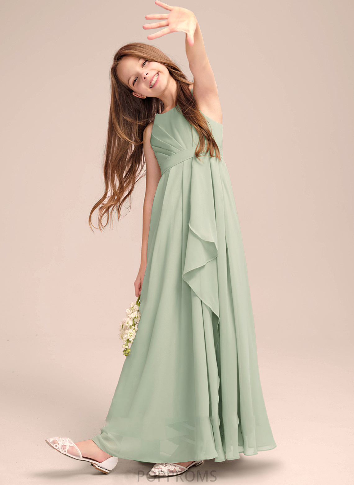 With Ruffles A-Line Neck Floor-Length Logan Junior Bridesmaid Dresses Chiffon Cascading Scoop