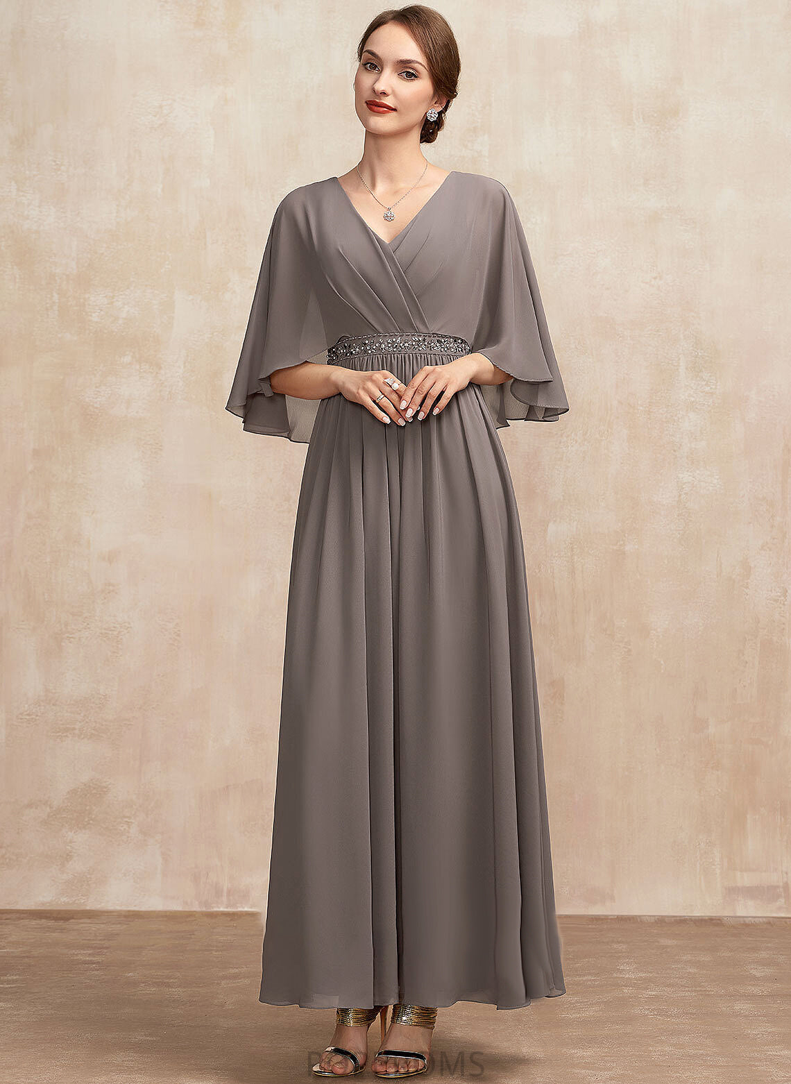 Dress A-Line the With of Bride Chiffon Mother of the Bride Dresses Ankle-Length V-neck Mother Linda Ruffle Beading