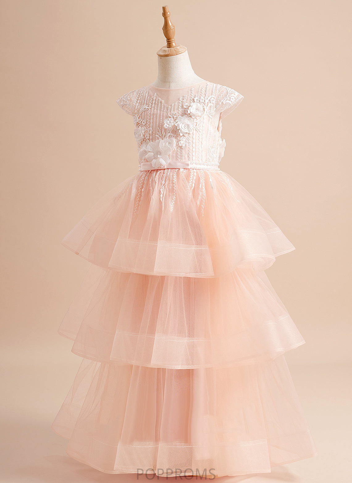 Flower Beading/Flower(s)/Bow(s) Neck Girl Dress Floor-length With Dakota Tulle - Ball-Gown/Princess Short Scoop Flower Girl Dresses Sleeves