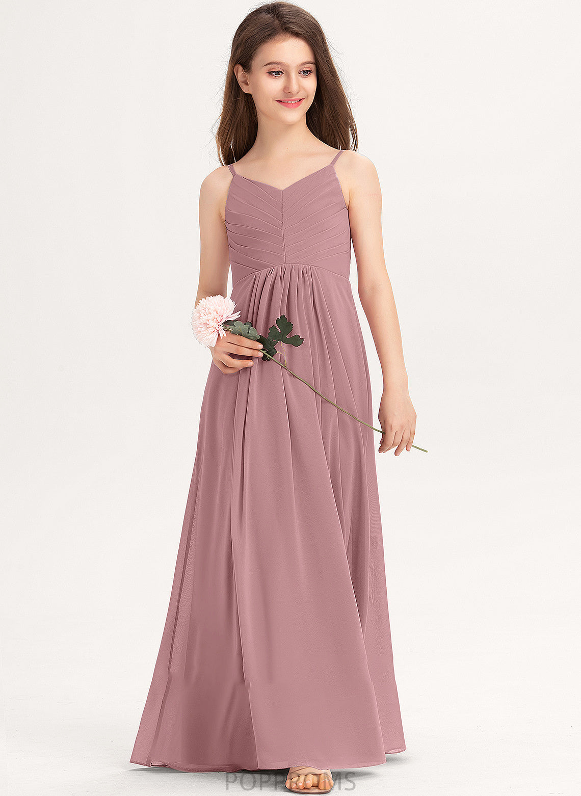 With Cassie Ruffle Chiffon A-Line Floor-Length Junior Bridesmaid Dresses V-neck