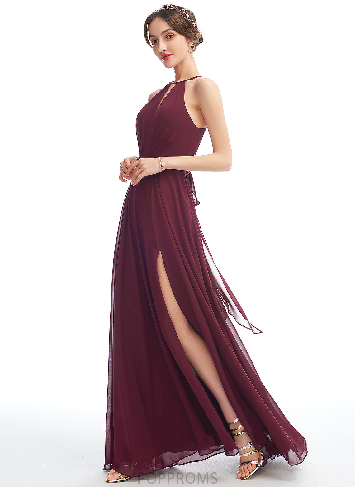 Neckline Halter Floor-Length Embellishment Length SplitFront A-Line Silhouette Fabric Gabrielle Sleeveless One Shoulder Bridesmaid Dresses