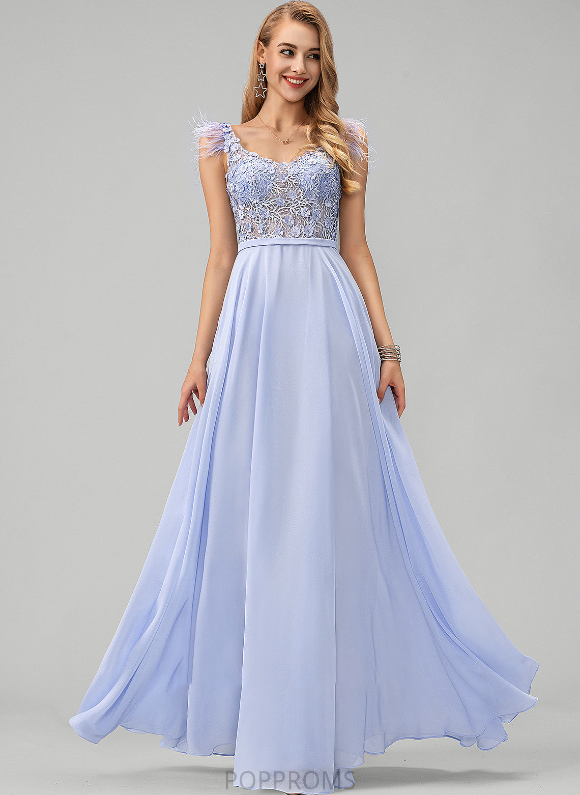 Crystal A-Line Chiffon V-neck Lace Feather Sequins Beading Flower(s) Floor-Length Prom Dresses With