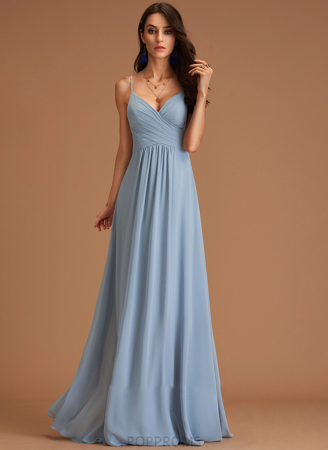 Floor-Length Embellishment A-Line V-neck Length Fabric Silhouette Ruffle Neckline Caitlyn Sleeveless V-Neck Bridesmaid Dresses