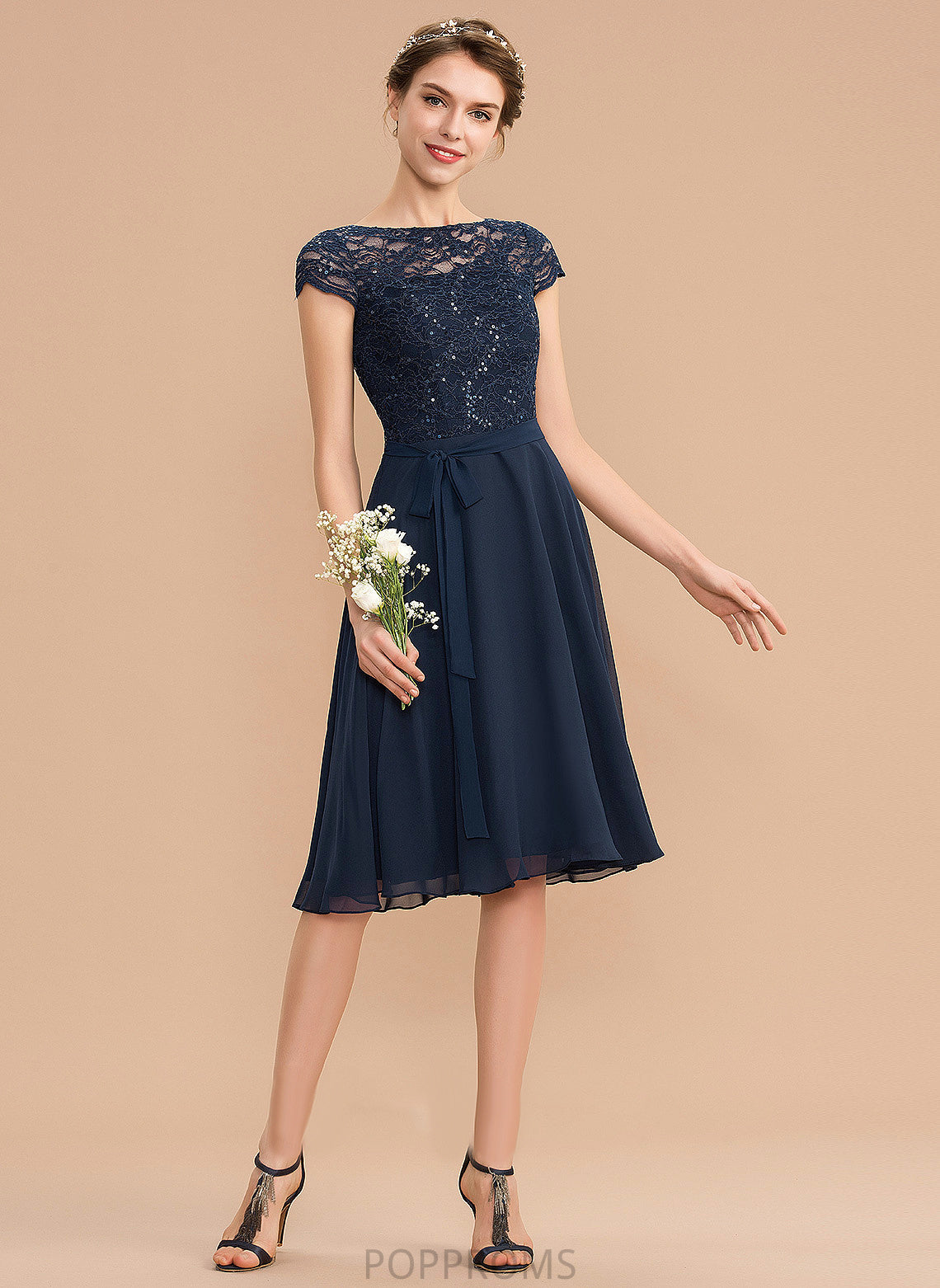 Scoop Lace Dress Homecoming Bow(s) With Chiffon Neck A-Line Homecoming Dresses Serenity Knee-Length