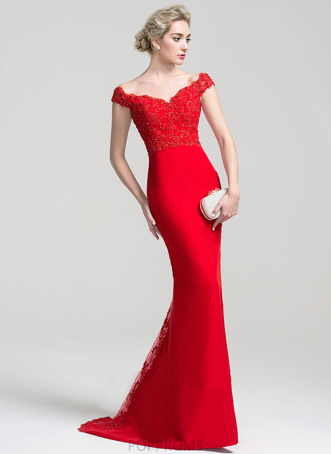 Hilary Chiffon Beading Tulle Sweep Lace Trumpet/Mermaid With Train Prom Dresses Off-the-Shoulder Sequins