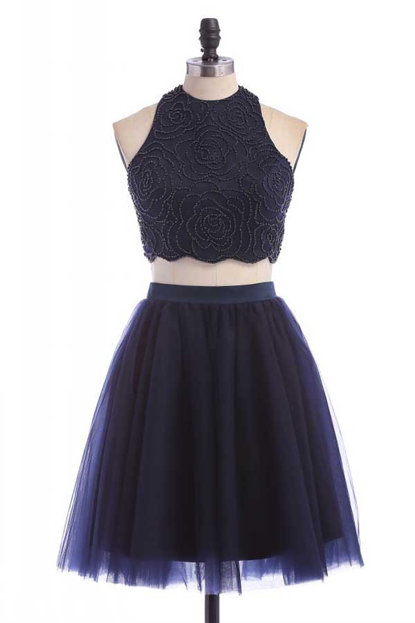 Navy Blue Two Piece Halter Sleeveless Beading Short Homecoming Dresses