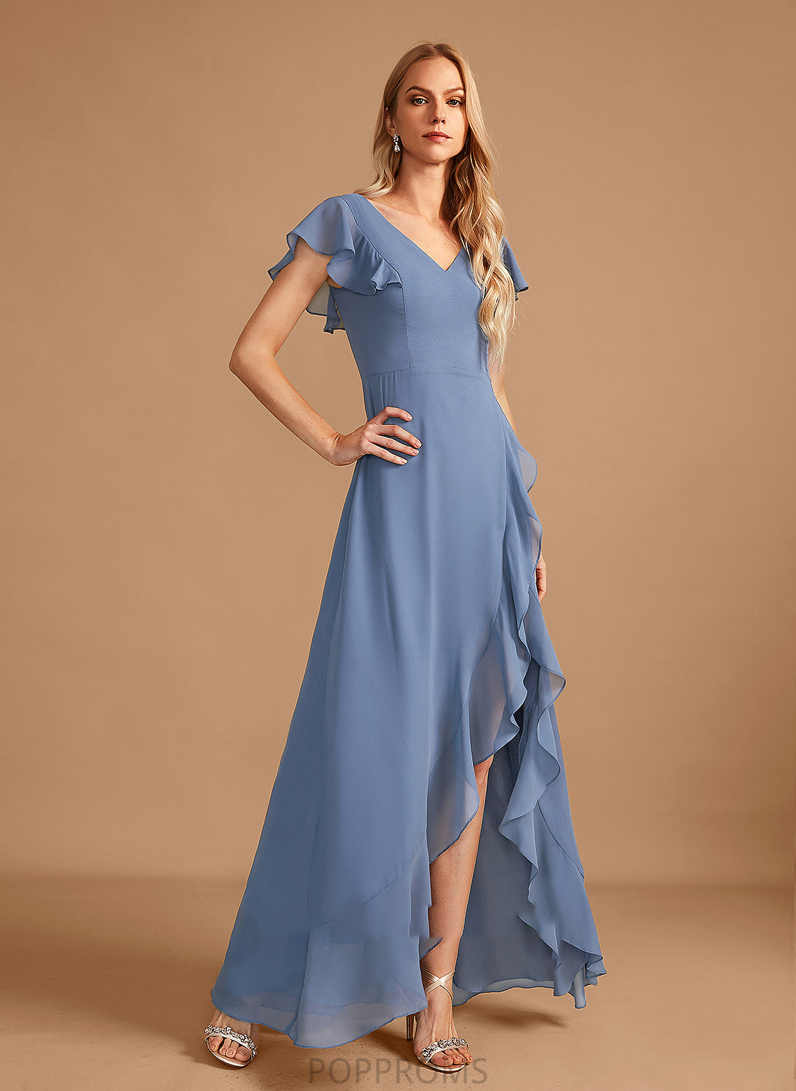 Silhouette A-Line Ruffle Asymmetrical V-neck Embellishment Fabric Length SplitFront Neckline Lucille Floor Length Bridesmaid Dresses