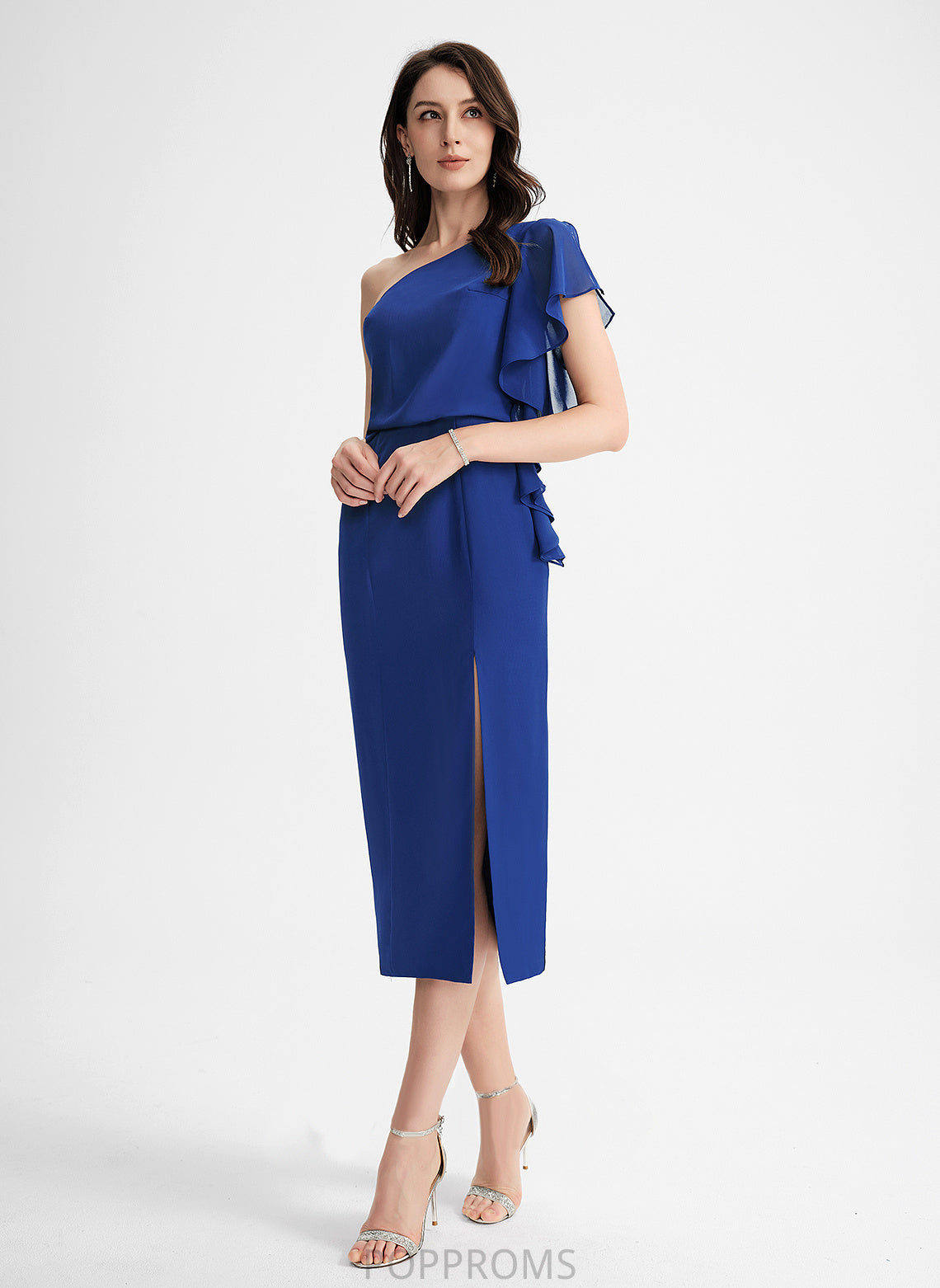 Ruffle Dress Chiffon Cocktail Dresses Cocktail One-Shoulder Tea-Length Sheath/Column With Krystal