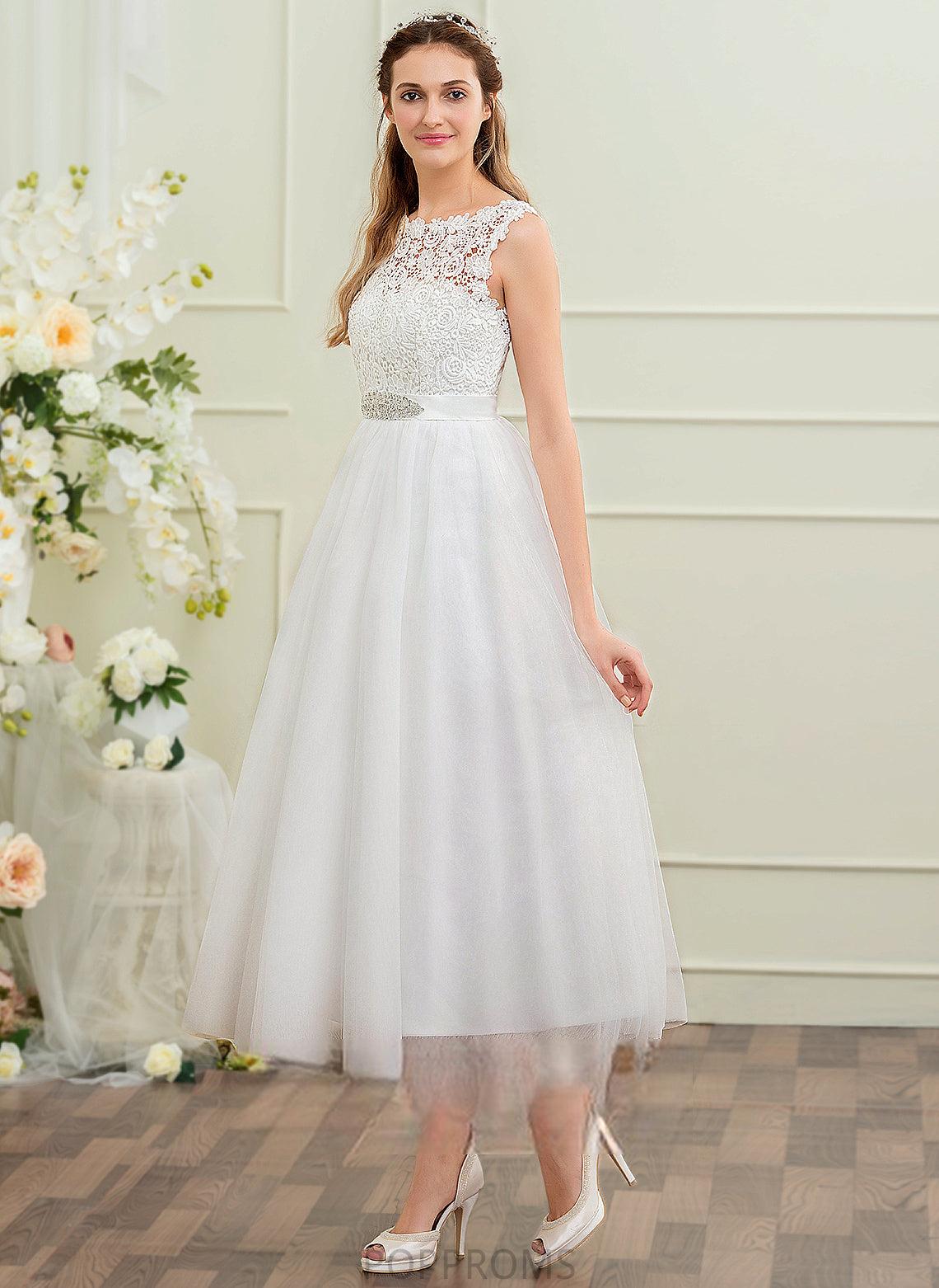 Lace Satin Neck With Scoop Wedding Tulle Beading Wedding Dresses Ball-Gown/Princess Sequins Dress Maddison Tea-Length