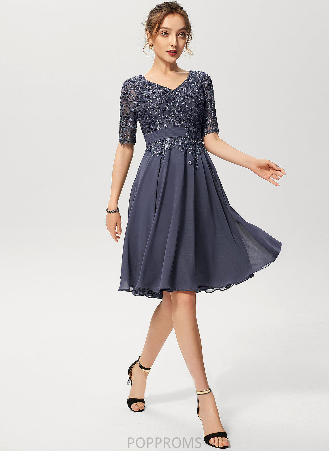 V-neck Dress Sequins Cocktail Cocktail Dresses Knee-Length Chiffon Lace A-Line With Jolie