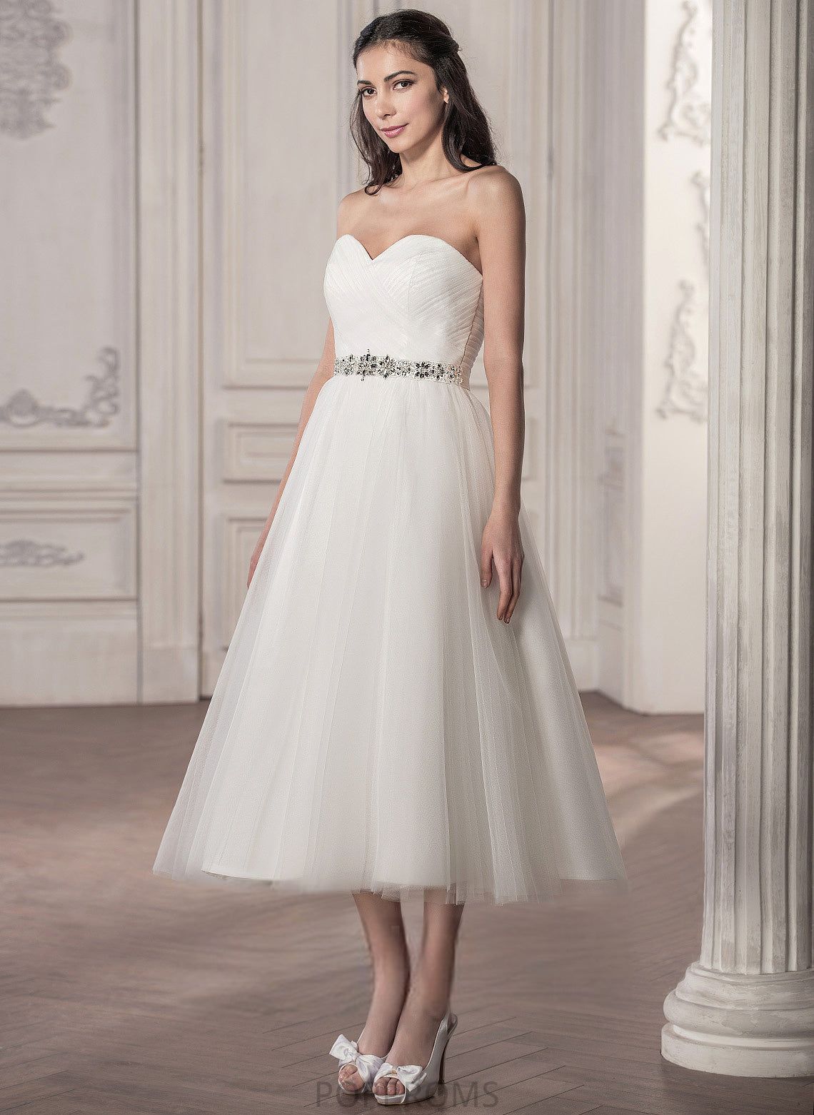 With Sequins Tulle Wedding Wedding Dresses Sweetheart Ruffle Tea-Length Dress Satin A-Line Abbigail Beading