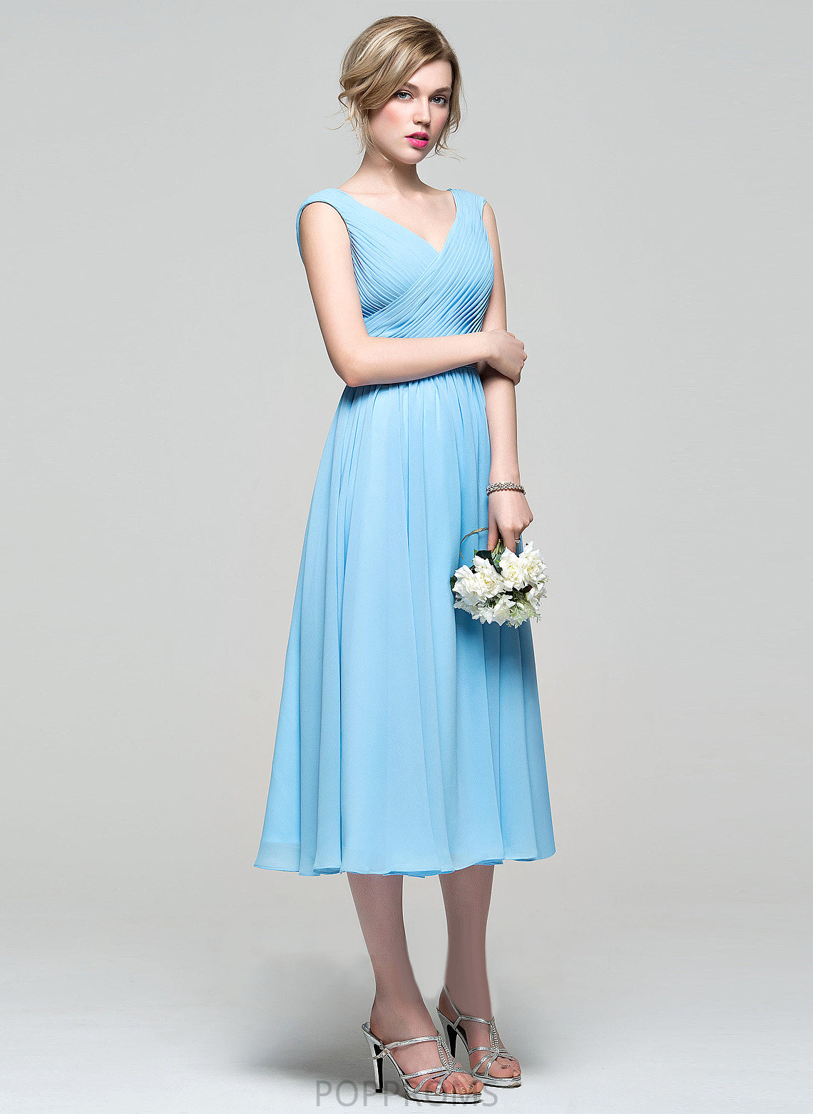 Ruffle Tea-Length Length A-Line Embellishment V-neck Silhouette Fabric Neckline Ivy Sleeveless Spaghetti Staps Bridesmaid Dresses