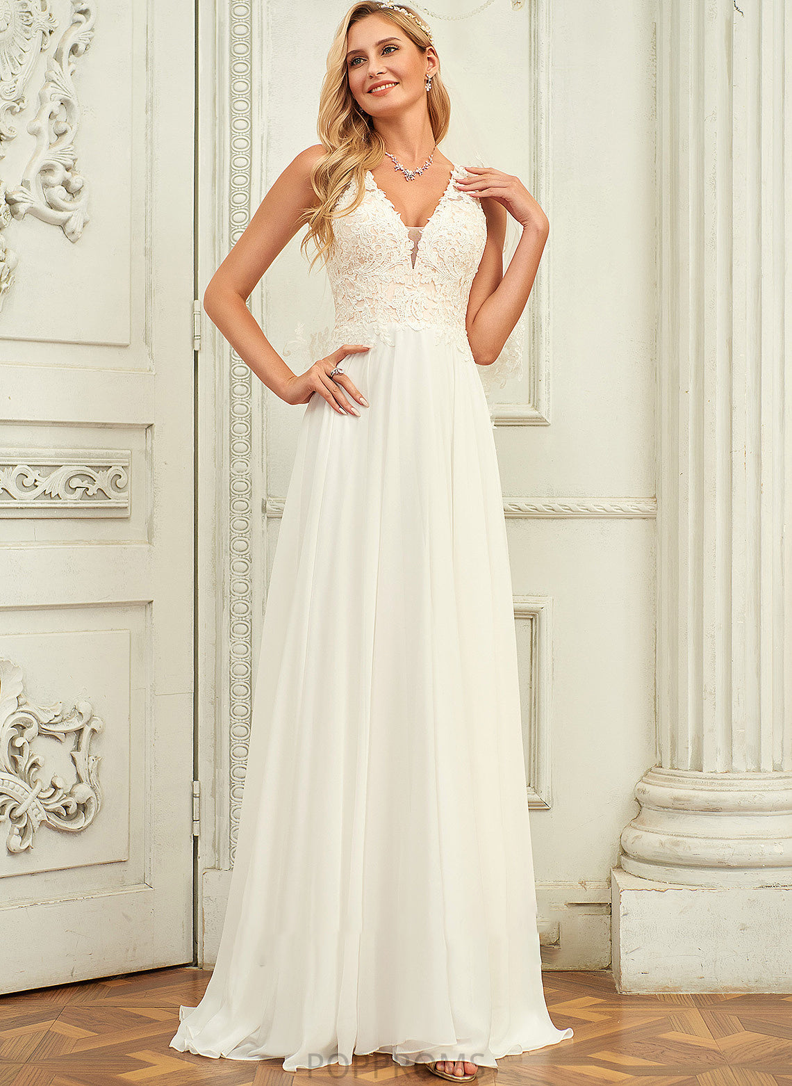 Wedding Dresses V-neck With A-Line Chiffon Wedding Daphne Train Lace Sweep Lace Dress