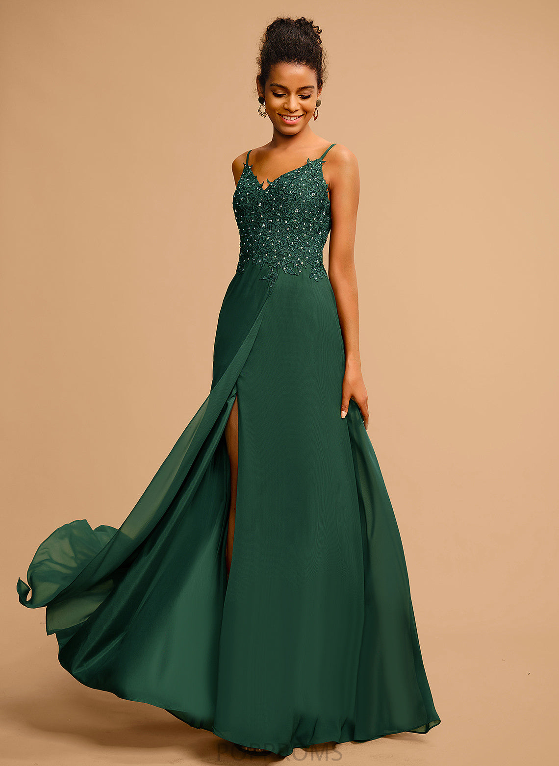 With Floor-Length V-neck Lace Chiffon A-Line Prom Dresses Krista Sequins Beading