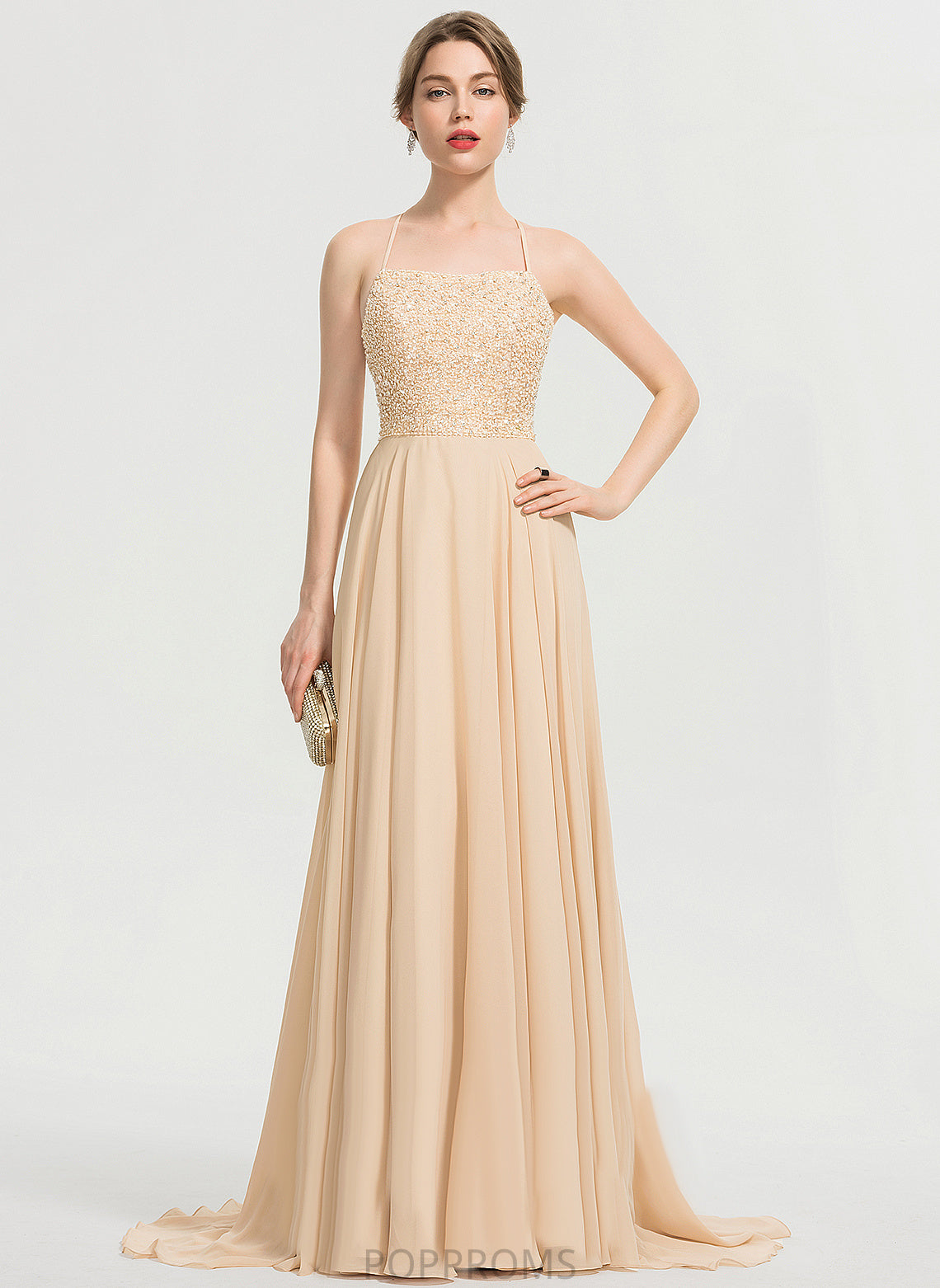 Train Square Sequins Chiffon A-Line Sweep Ali With Beading Prom Dresses