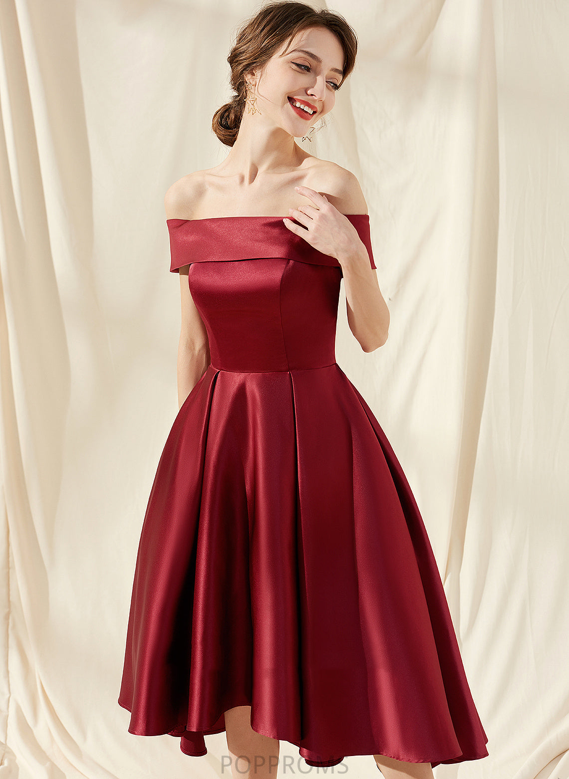 Cocktail Dresses A-Line Asymmetrical With Cocktail Pockets Dress Off-the-Shoulder Satin Elisa