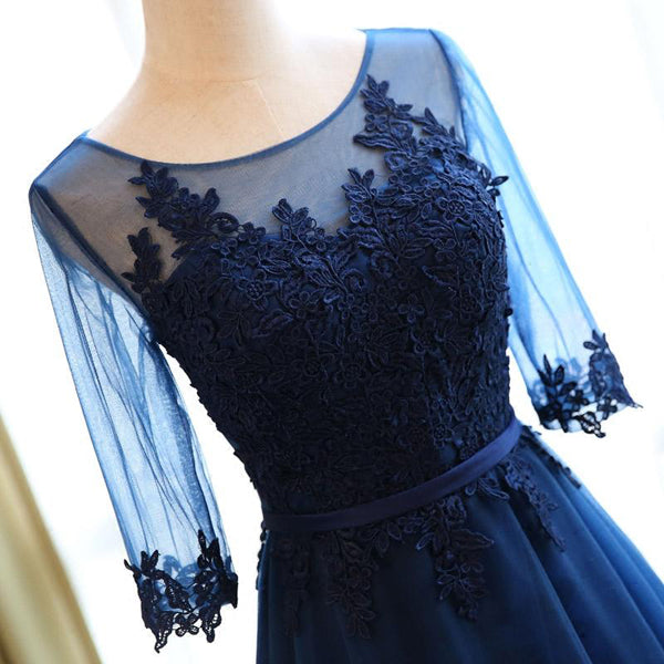 Navy Blue A Line Floor Length Half Sleeve Keyhole Back Appliques Long Prom Dresses