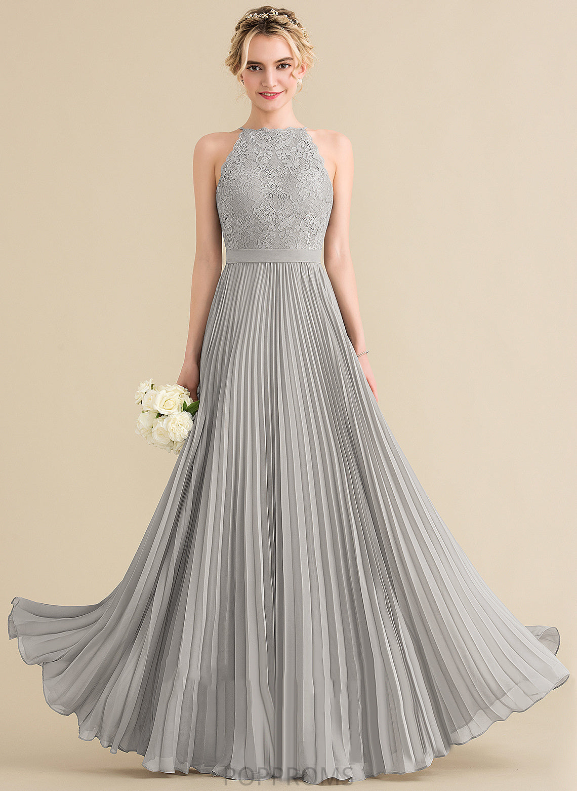 Floor-Length With Chiffon Lace Lillian A-Line Scoop Prom Dresses Pleated