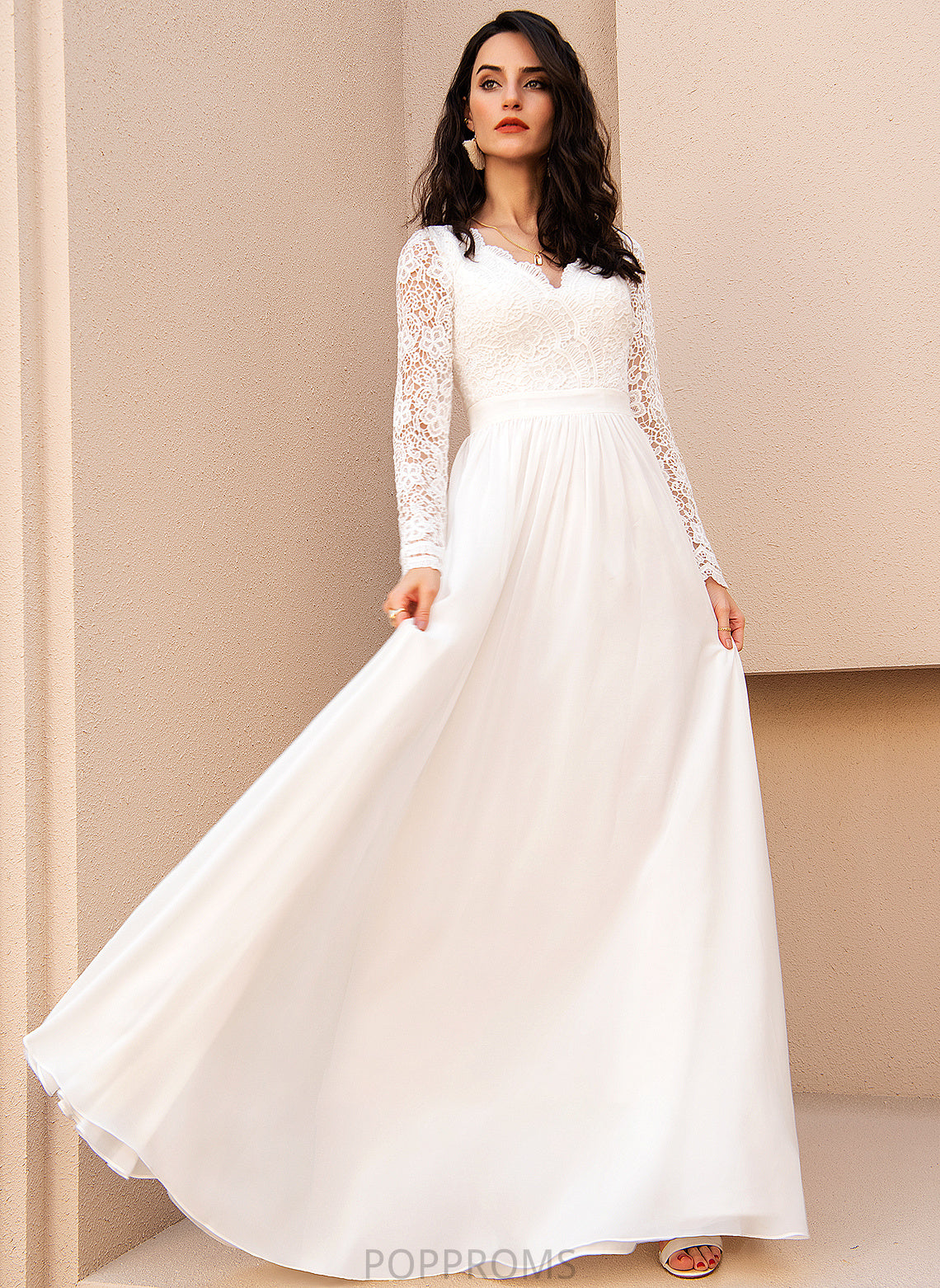 Chiffon A-Line Wedding Lace Wedding Dresses Emmy With V-neck Dress Floor-Length