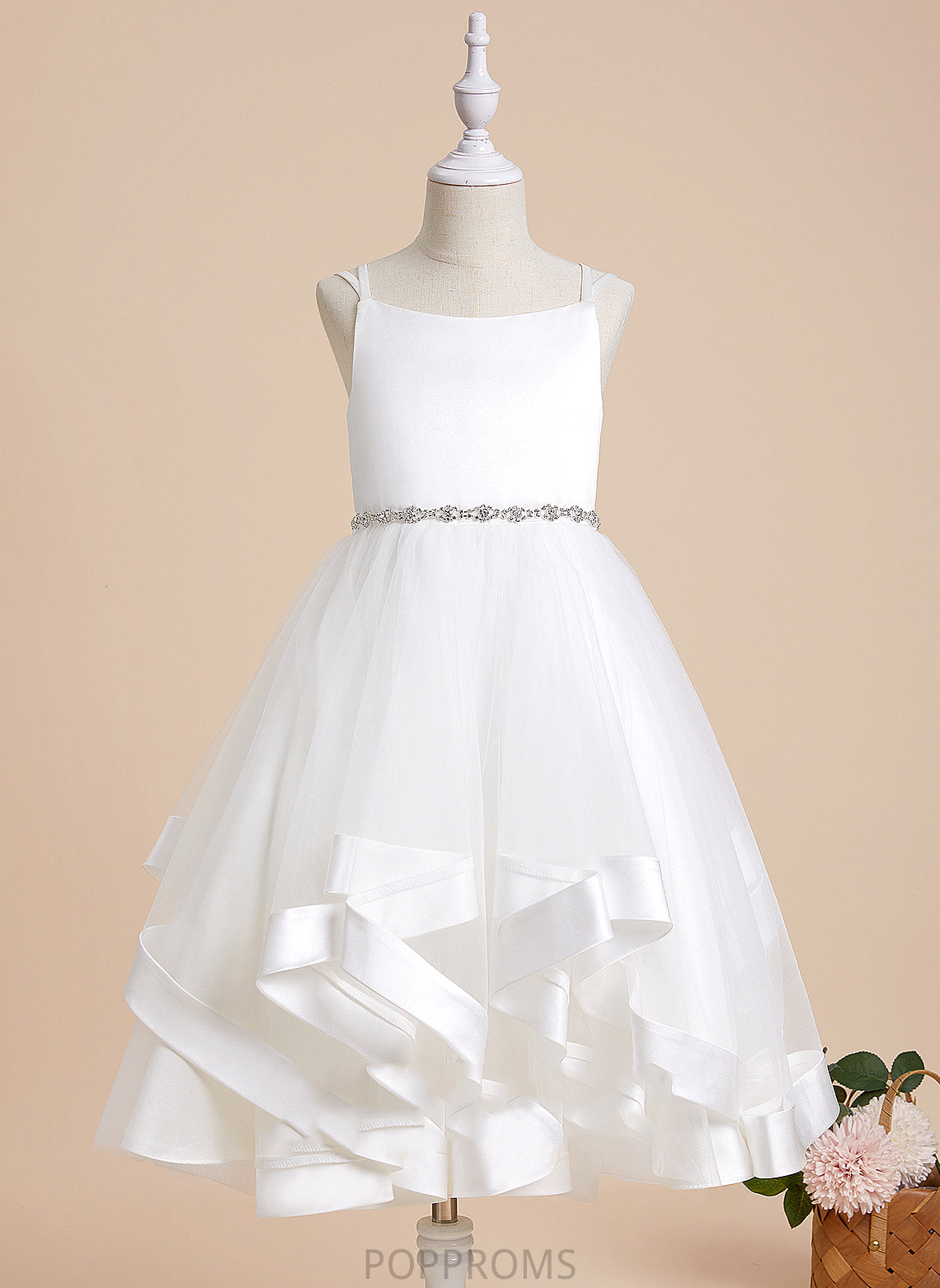 Flower Girl Straps Dress Flower Girl Dresses Satin/Tulle Roberta With Tea-length A-Line Beading Sleeveless -