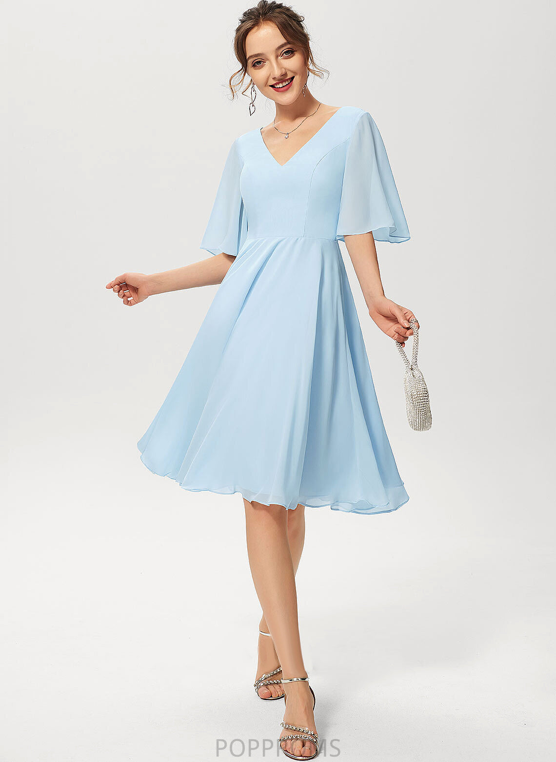 Yasmin Chiffon Dress V-neck Cocktail A-Line Cocktail Dresses Knee-Length