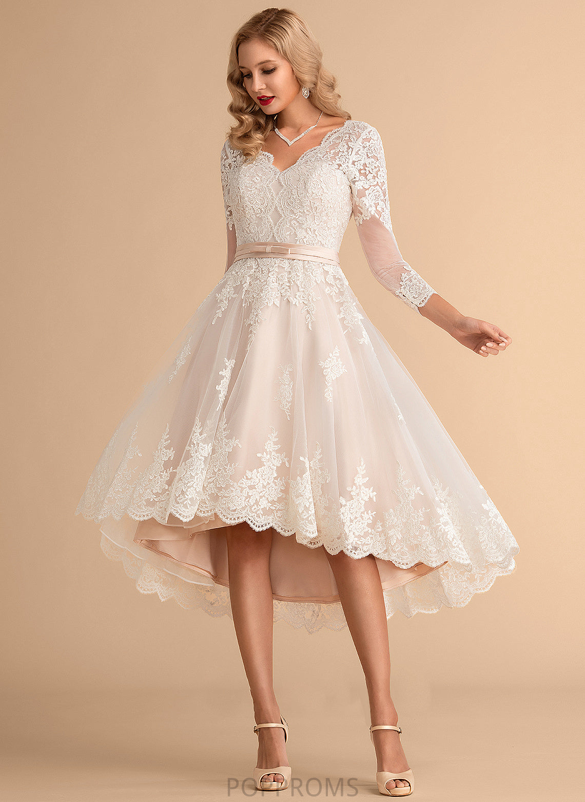 V-neck Tulle Lace Satin Dress Wedding Asymmetrical Wedding Dresses Talia A-Line