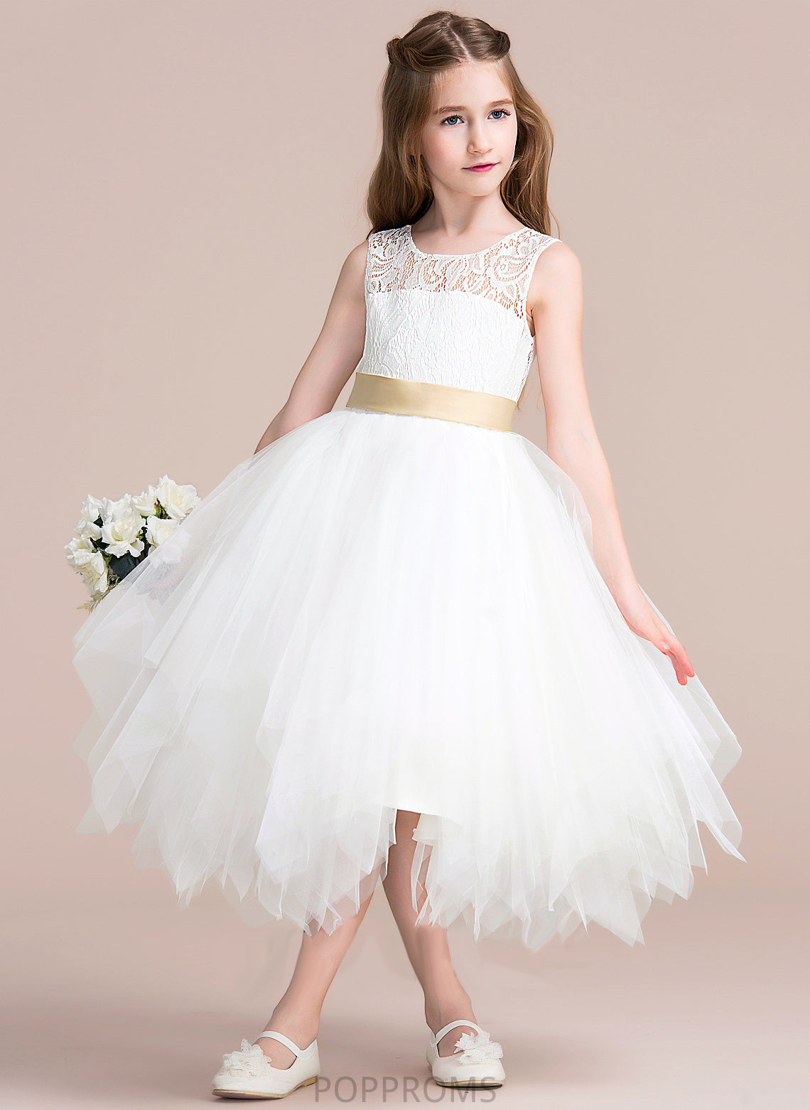 Tulle/Lace Tea-length Helga With A-Line Hole Sash/Back Flower Girl Sleeveless (Detachable Scoop sash) - Dress Neck Flower Girl Dresses