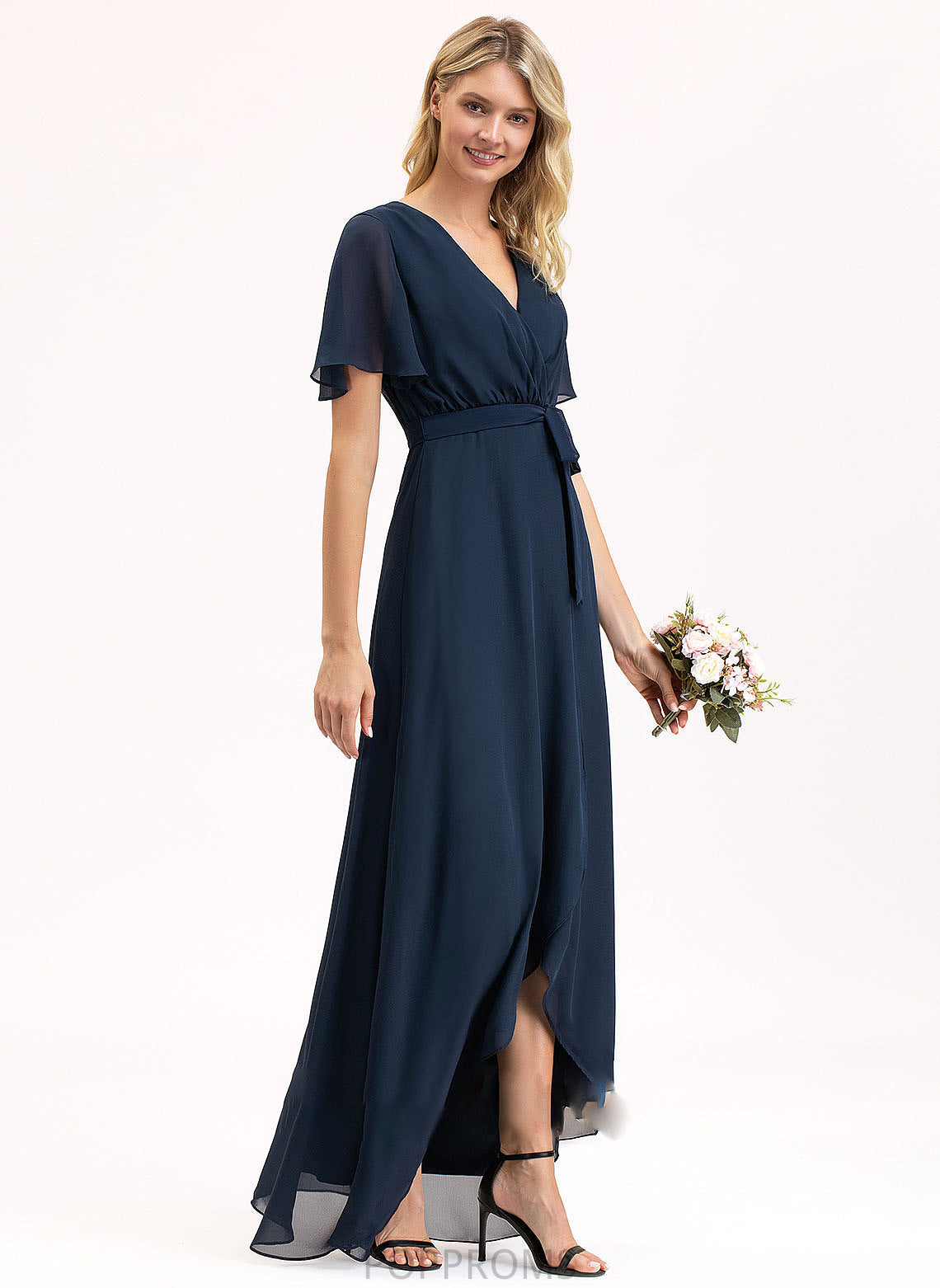 Silhouette Length Neckline Bow(s) V-neck A-Line Embellishment Asymmetrical Fabric Saniya Sleeveless Floor Length Bridesmaid Dresses