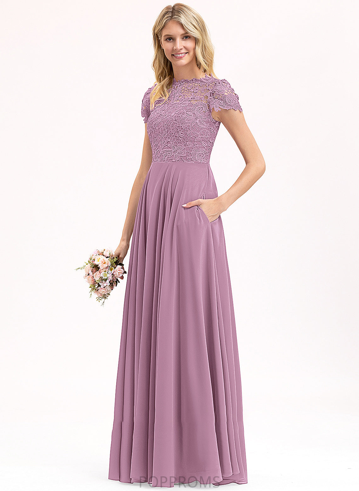 Scoop A-Line Prom Dresses Evie Neck Chiffon Lace With Pockets Floor-Length