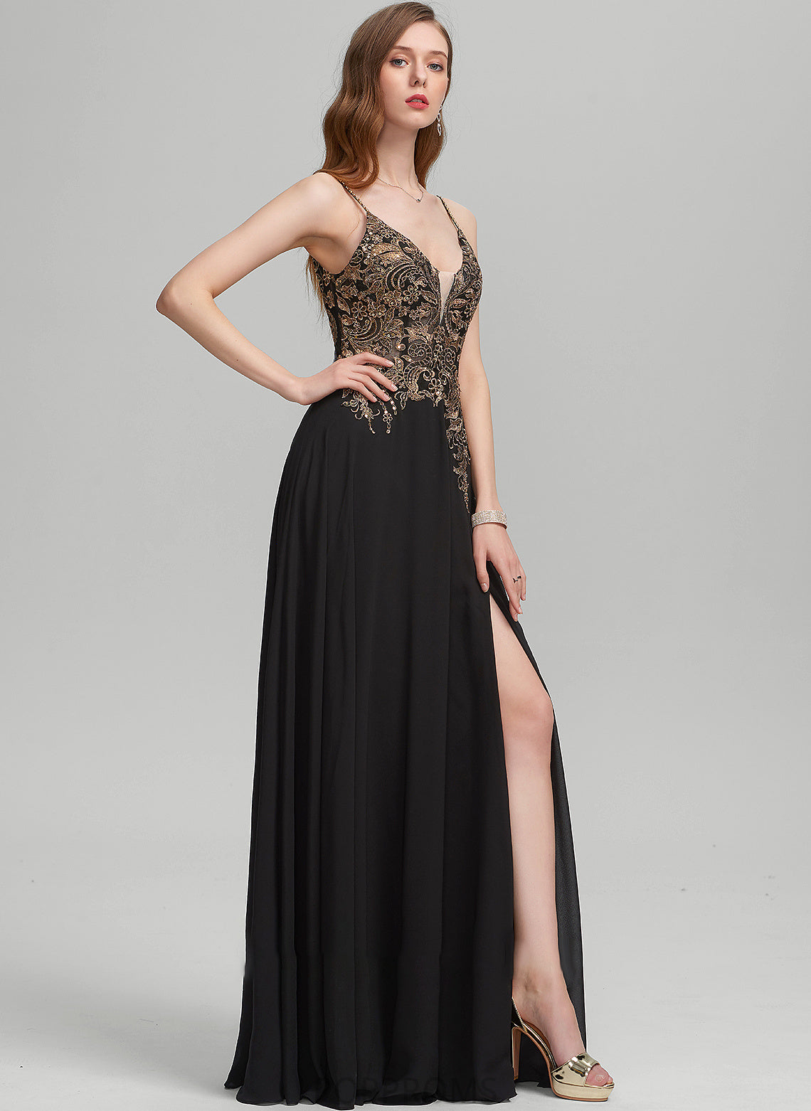 Lace Floor-Length Front Chiffon Roberta With Prom Dresses V-neck Split Sequins A-Line