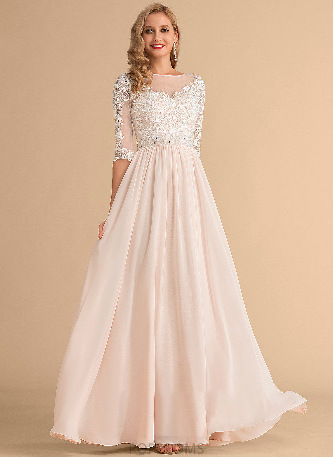 A-Line Illusion Sequins Patti Floor-Length Chiffon Beading Dress Lace Wedding With Wedding Dresses