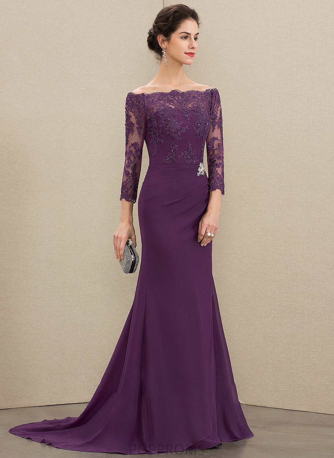 Bride Alison Dress Chiffon Off-the-Shoulder Sequins of the Mother of the Bride Dresses Train Mother With Lace Sweep Trumpet/Mermaid Beading