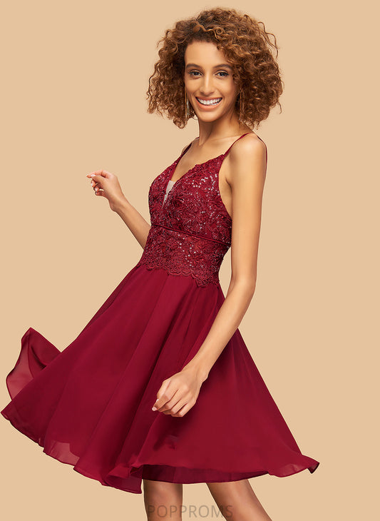 Homecoming Dresses Chiffon Short/Mini Lace Dress A-Line Sequins Homecoming With Roselyn V-neck