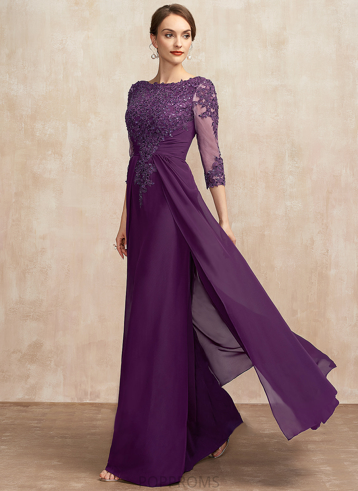 Neck Lace Dress Sequins the Beading With Mother of the Bride Dresses Elizabeth A-Line Bride Floor-Length of Mother Chiffon Scoop