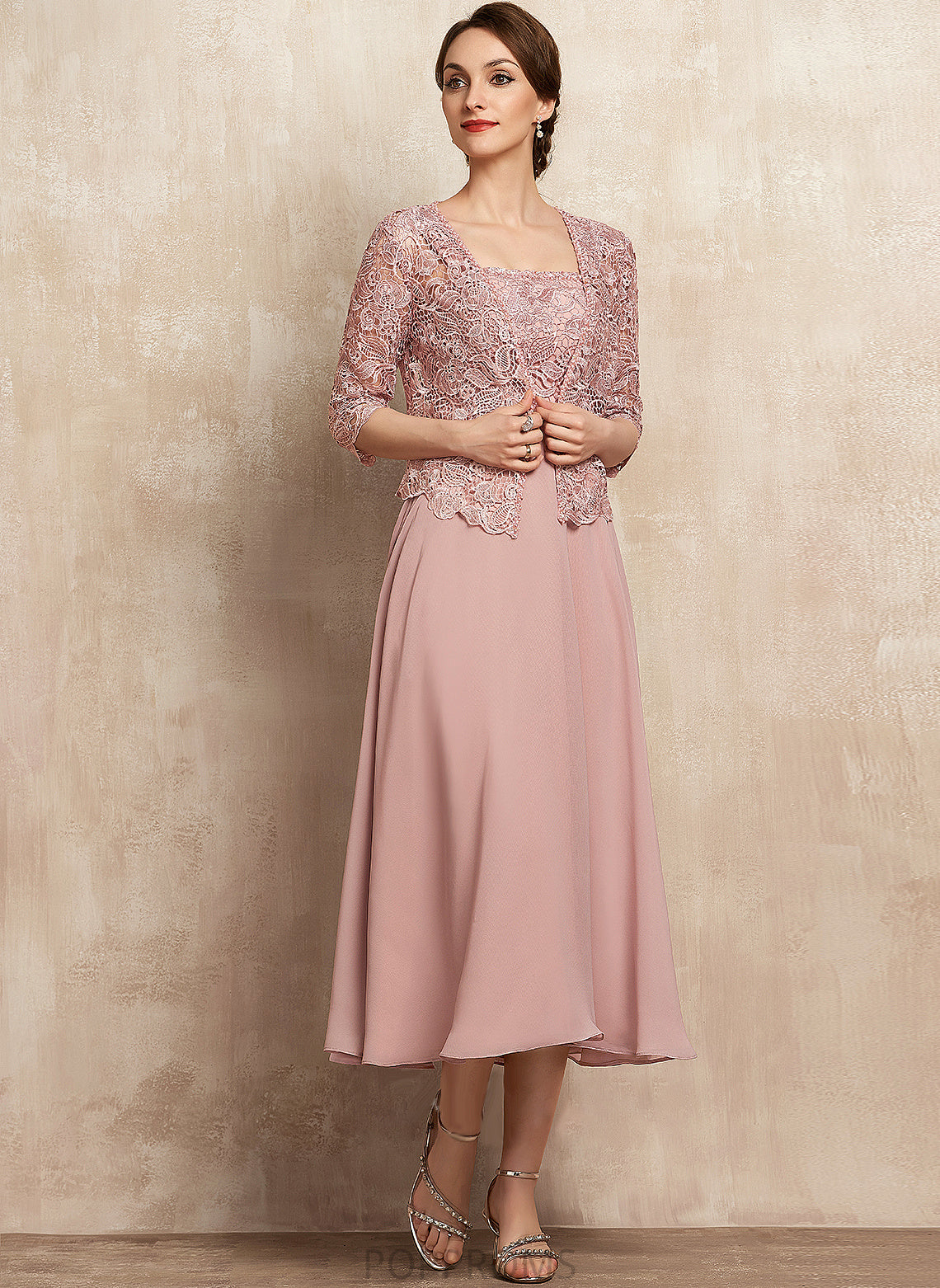 Beading Neckline Tea-Length Dress A-Line of Square With the Chiffon Bride Hillary Lace Mother Mother of the Bride Dresses Sequins