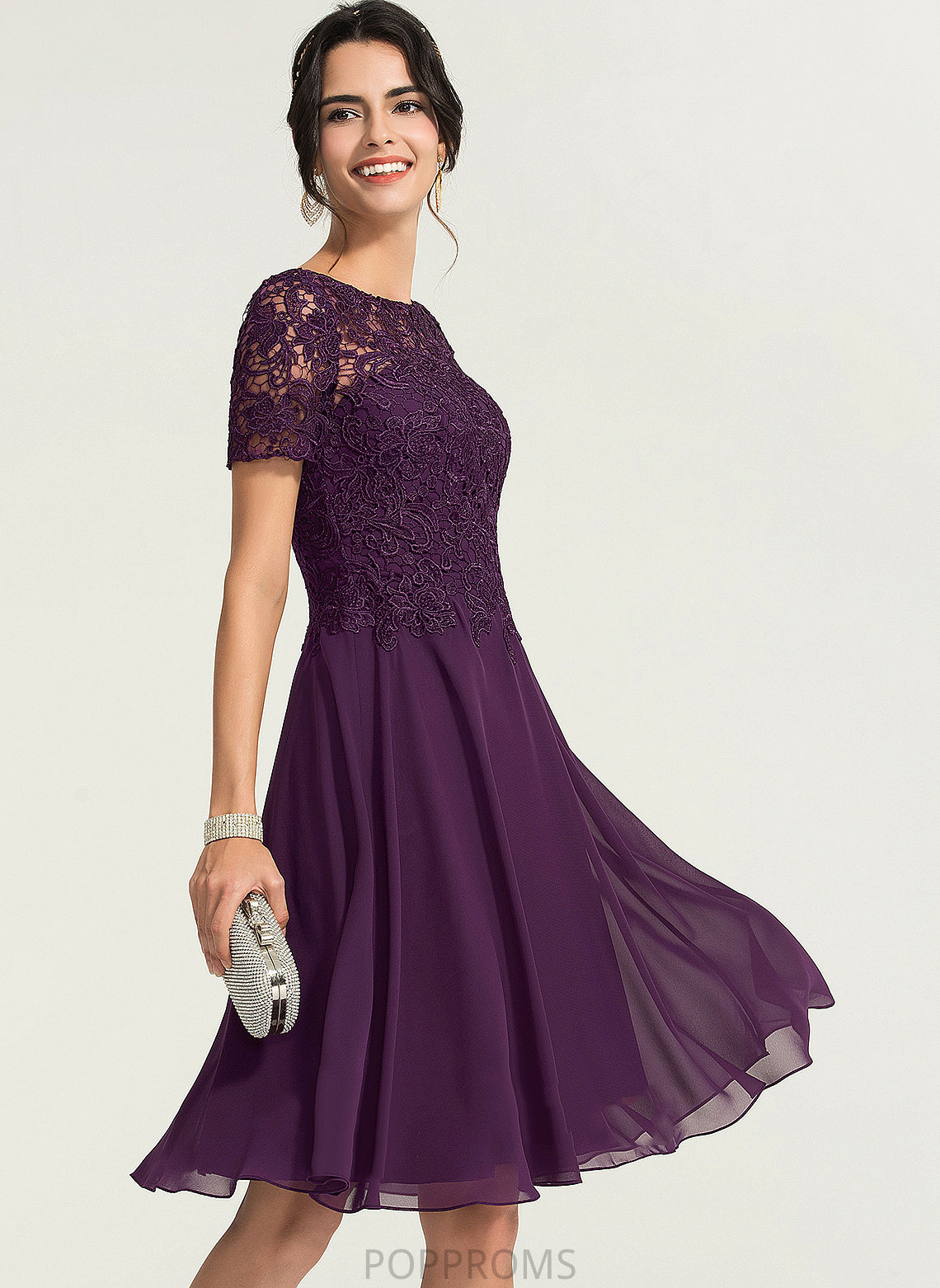 Cocktail Dulce Lace Scoop Neck Knee-Length Cocktail Dresses A-Line Chiffon Dress