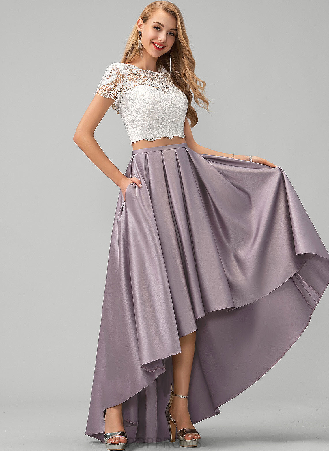 Asymmetrical Satin Scoop Pockets Alula A-Line Prom Dresses With Lace Neck