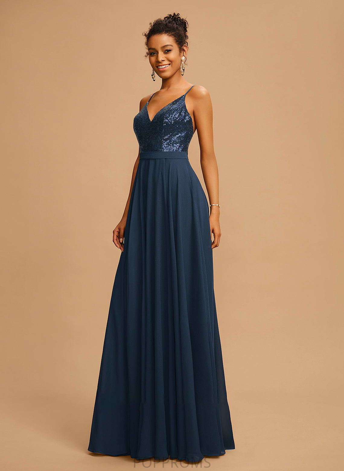 Floor-Length Sequins With Brenna Chiffon V-neck A-Line Prom Dresses