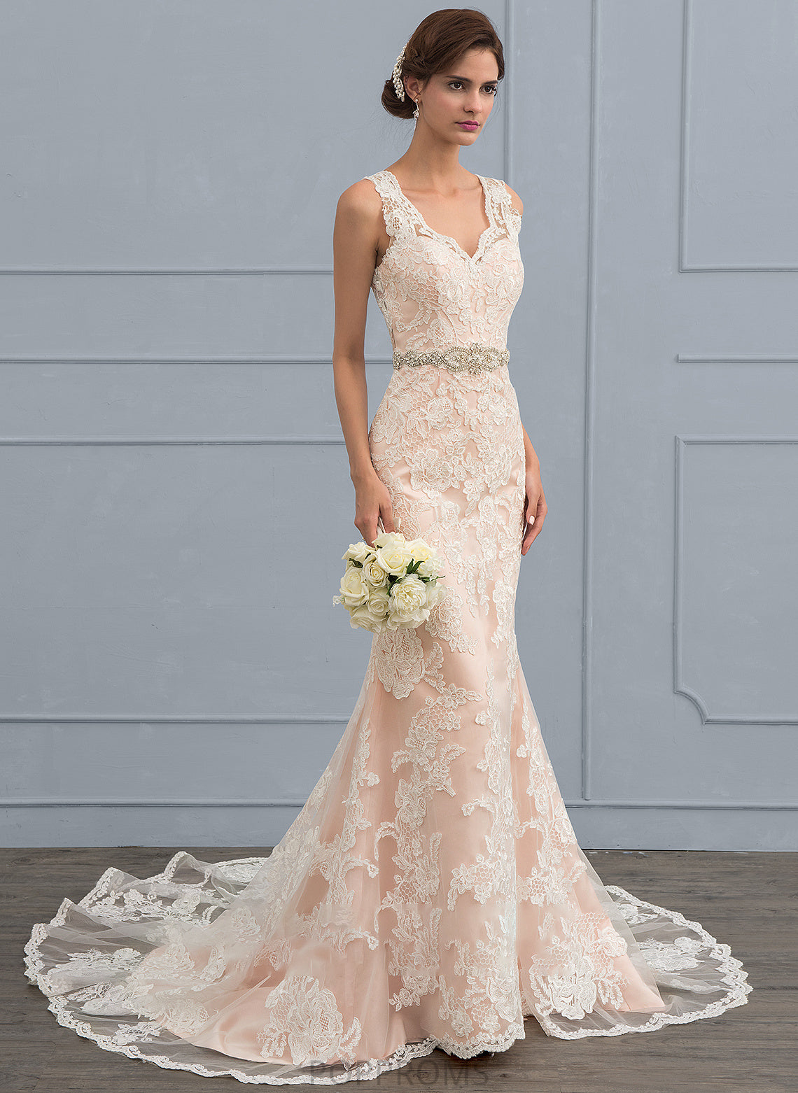 Trumpet/Mermaid Wedding Dresses Dress Wedding V-neck Beading Tulle Chapel Reese With Lace Train