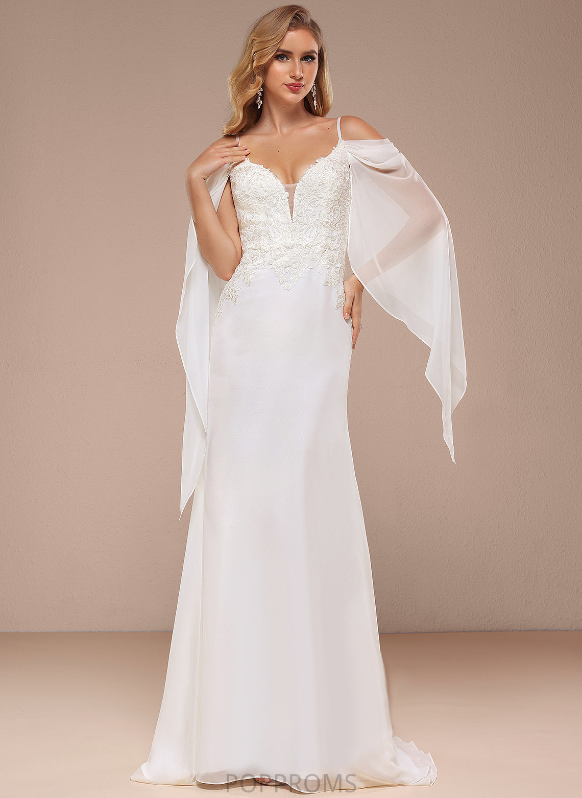 Gloria Train Shoulder Chiffon Trumpet/Mermaid Lace Sweep Wedding Dresses Wedding Dress Cold